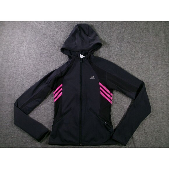 Adidas Jacket Womens S Hooded ClimaWarm Zip Athletic Track Black Pink Stripes - Picture 1 of 11